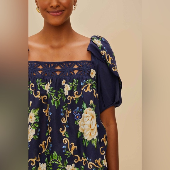 Farm Rio Blue Flower Tapestry Yoke Blouse - Picture 1 of 9